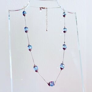 Premier Designs Silver Tone Aqua Blue Faceted glass Beads Necklace 18”+2”